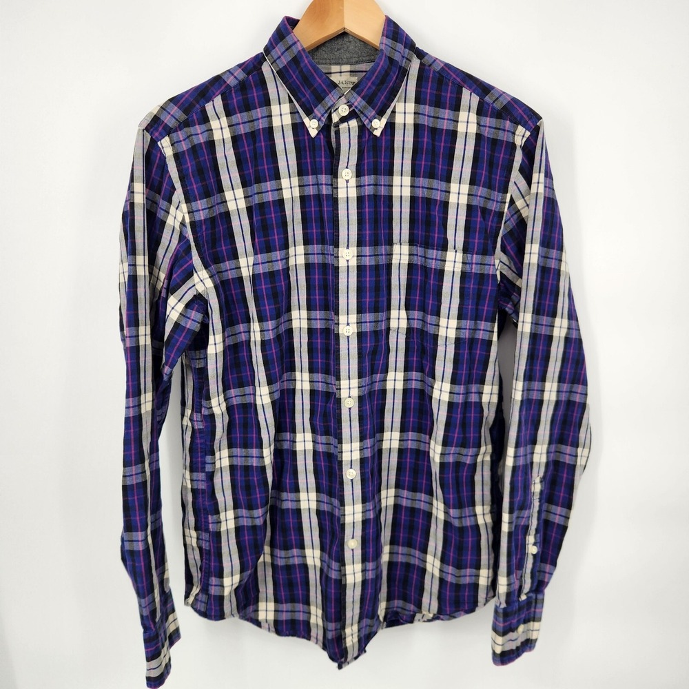 J.Crew Mens Long Sleeve Button Down Washed Tartan Purple Pink White Plaid Medium - Picture 2 of 8